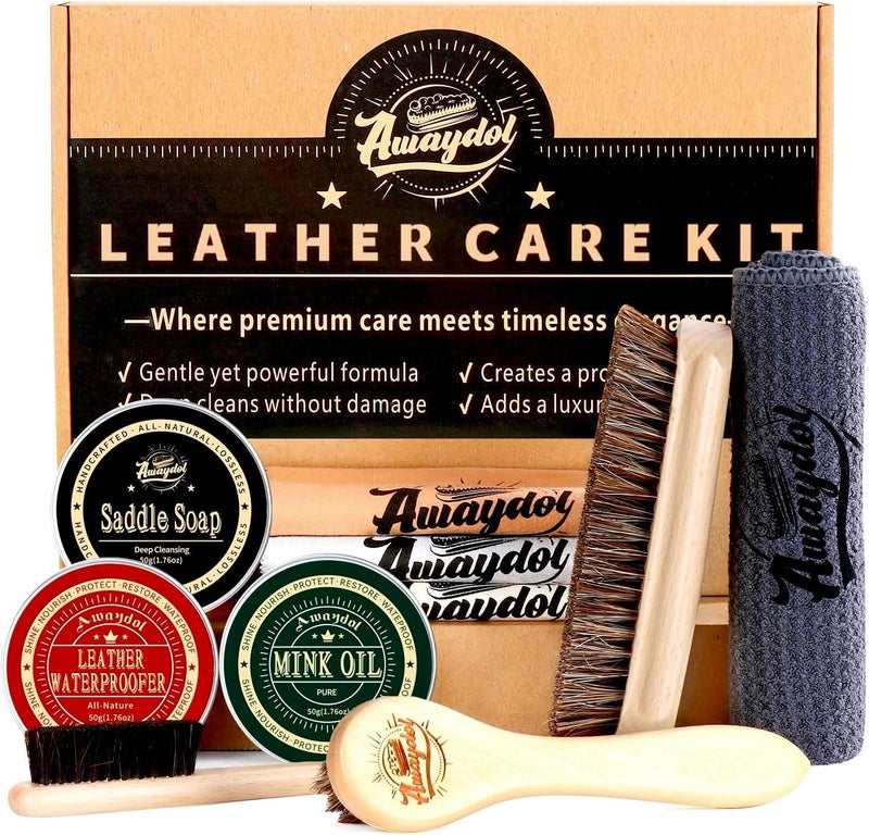 Awaydol 10 PCS Leather Care Kit - Horsehair Brushes,Saddle Soap,Waterproofing Wax,Mink Oil Conditioner,Polishing Cloth,Microfiber cloth,Boot Shoe Shine Cleaning Kit Gift for Men Cowboy Husband Dad ﻿ - Image 1